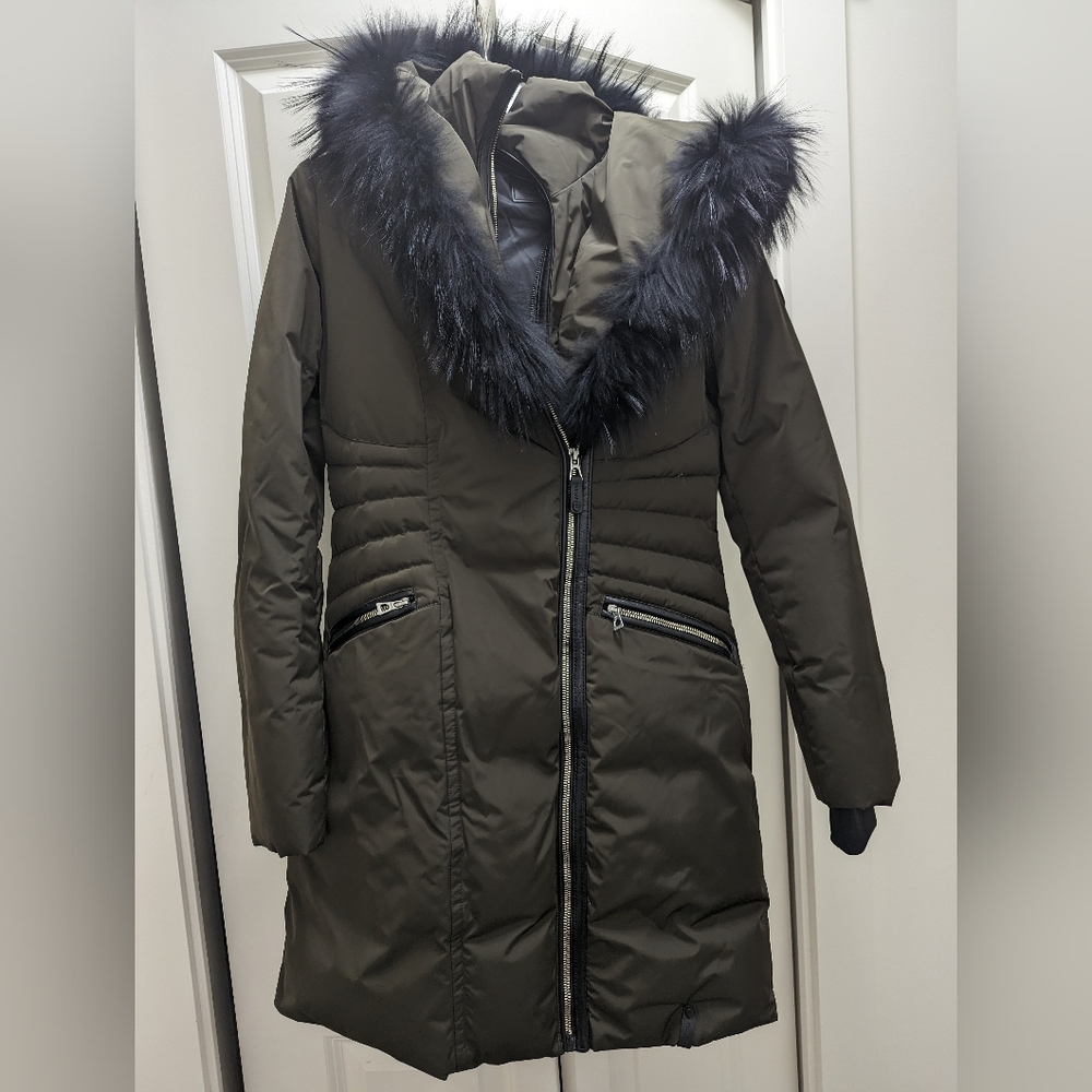 Rudsak muse down racoon fur trim long water resistant parka jacket, green, Small - Picture 1 of 11